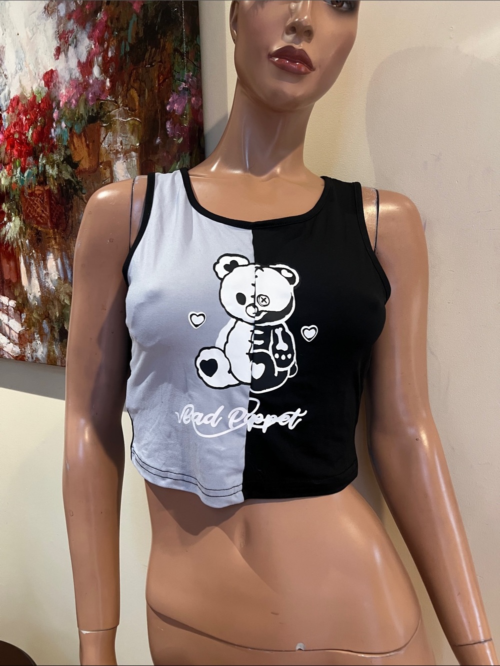 Two-Tone M Black and Light Gray Teddy bear Crop Tank nwt